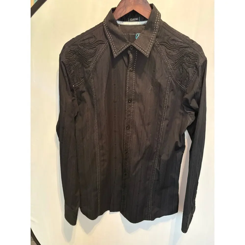 Roar Embroidered Wings Button Down Shirt Black Western Y2K Cyber Grunge Rocker⁠